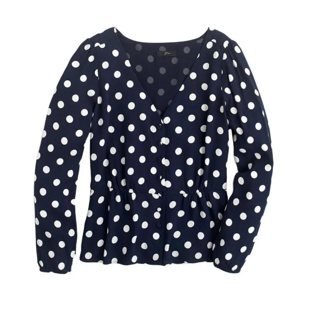 J. Crew Navy Blue White Polka Dot Crepe V Neck Button Front Peplum Blouse